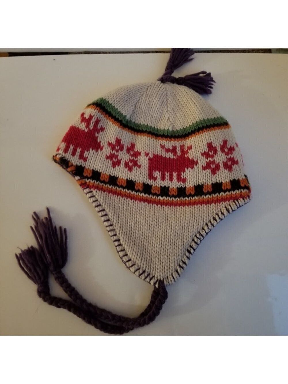 Beanie Toque Hat Lined Ear Flaps Youth Lg Unisex Knit Moose Design Braded Ties